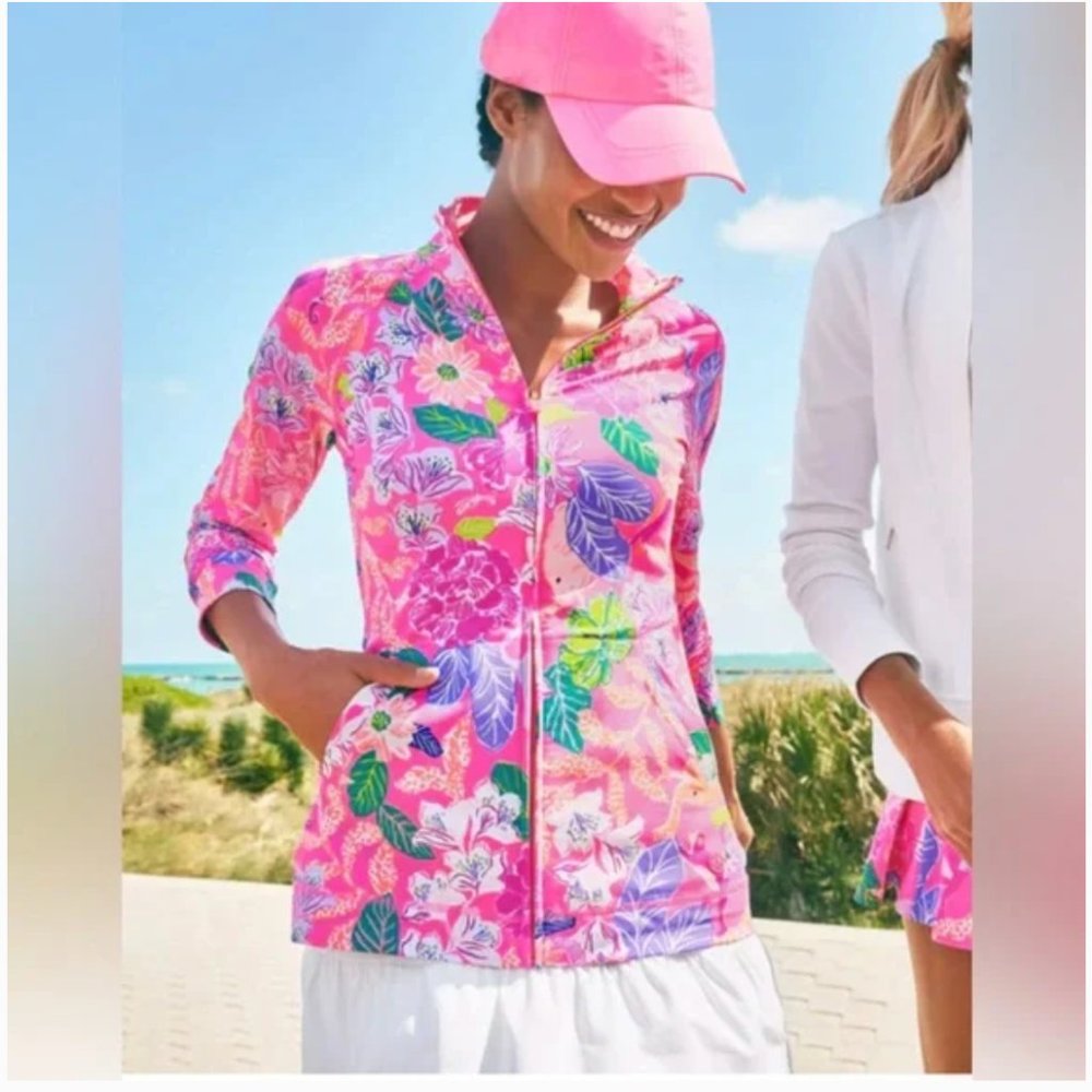Lilly Pulitzer Luxletic Brittana UPF 50+ Jacket Pink Isle Best Of Friends - Picture 5 of 14